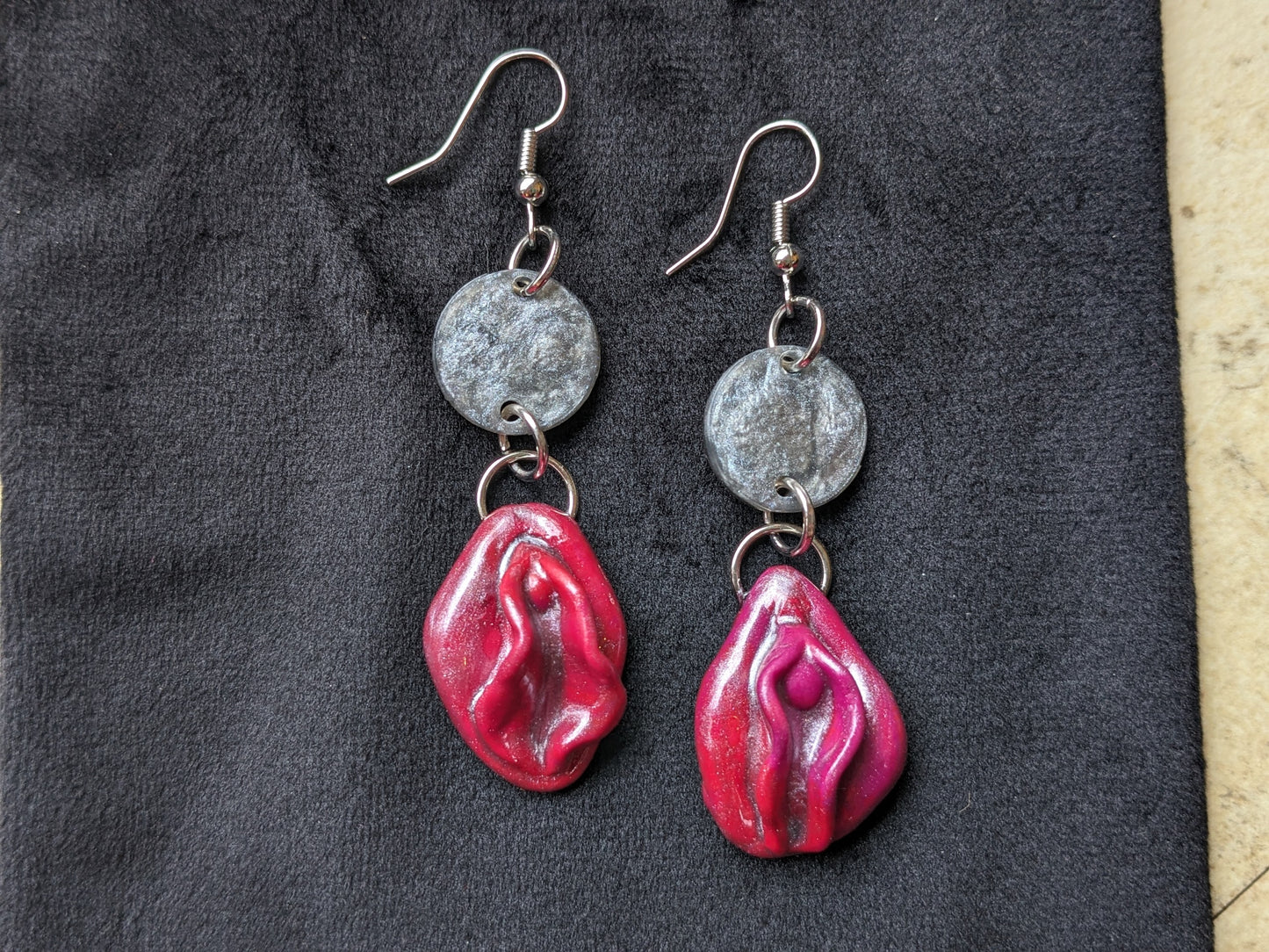 Red & Silver Vulva Earrings - Luscious Lips Collection by Melinda Love